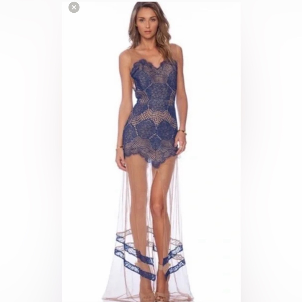 For Love & Lemons Lace Illusion Maxi Dress Blue/Nude – Size M